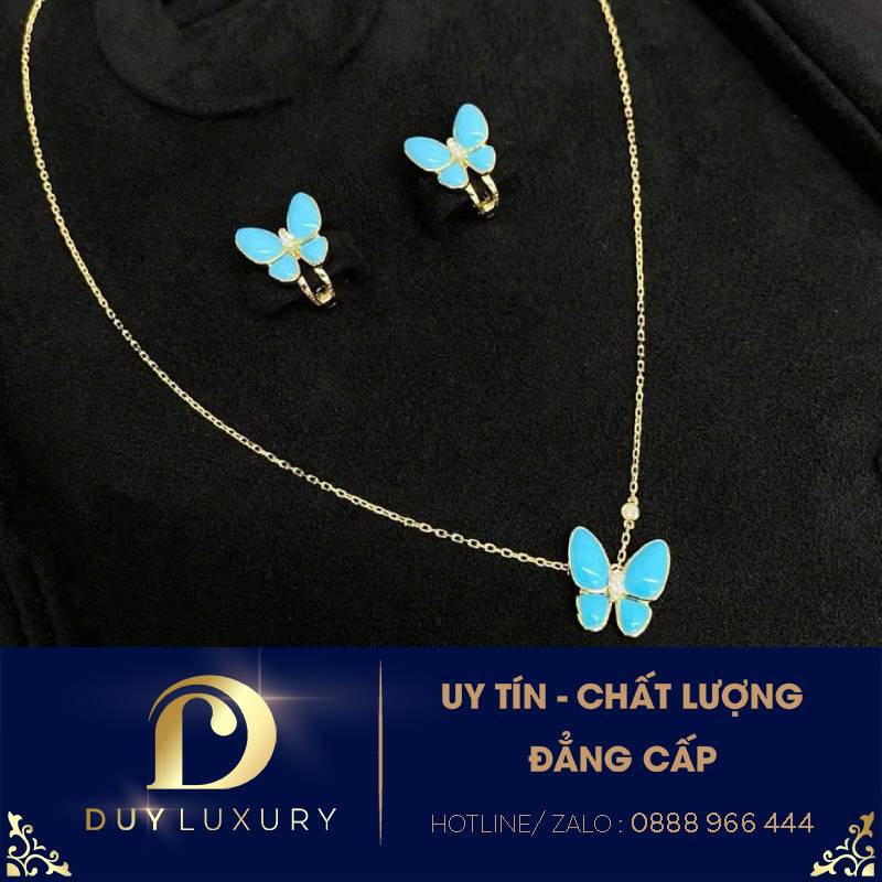 Dây chuyền và Hoa Tai Van Cleef & Arpels Two Butterfly Turquoise and Diamond Gold 18k