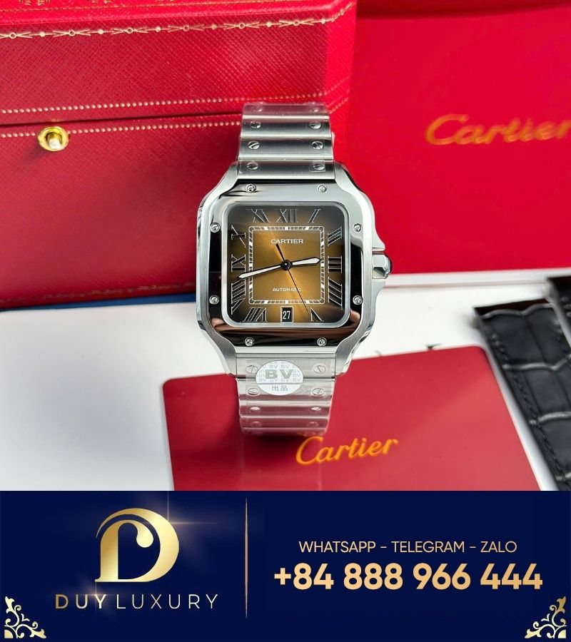 Đồng hồ Cartier Santos de Cartier new 2024 mặt số nâu chải tia sunray