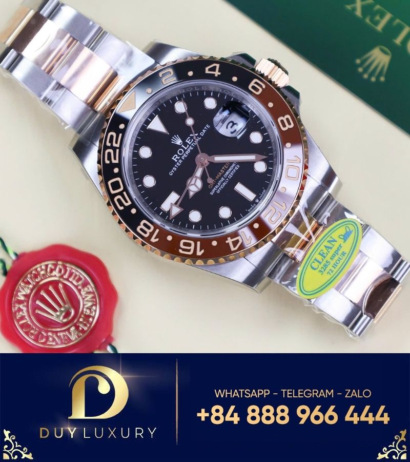 Đồng hồ GMT Rootbeer demi vàng hồng Cal 3285 replica