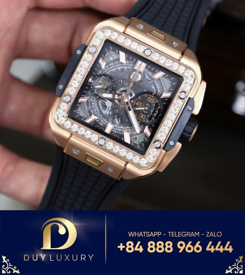 Đồng hồ HUBLOT SQUARE BANG UNICO KING GOLD độ viền moissanite