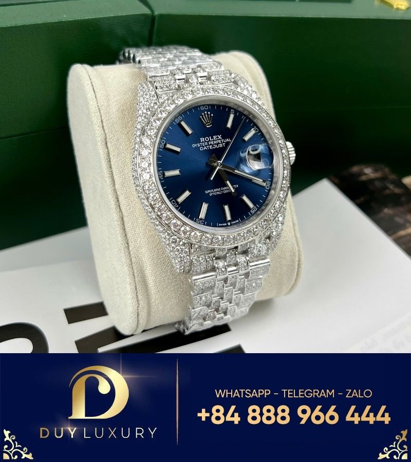 Đồng hồ Rolex Datejust 41mm blue dial custom full Moissanite replica