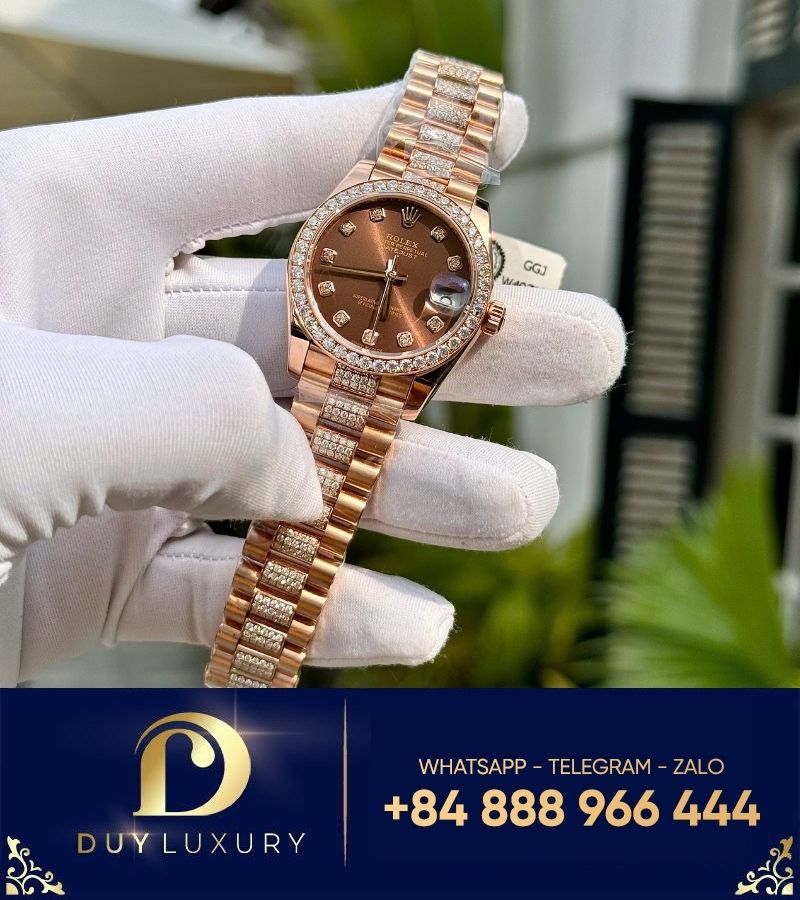 Đồng hồ Rolex Datejust nữ 31mm chocolate bọc vàng độ moissanite