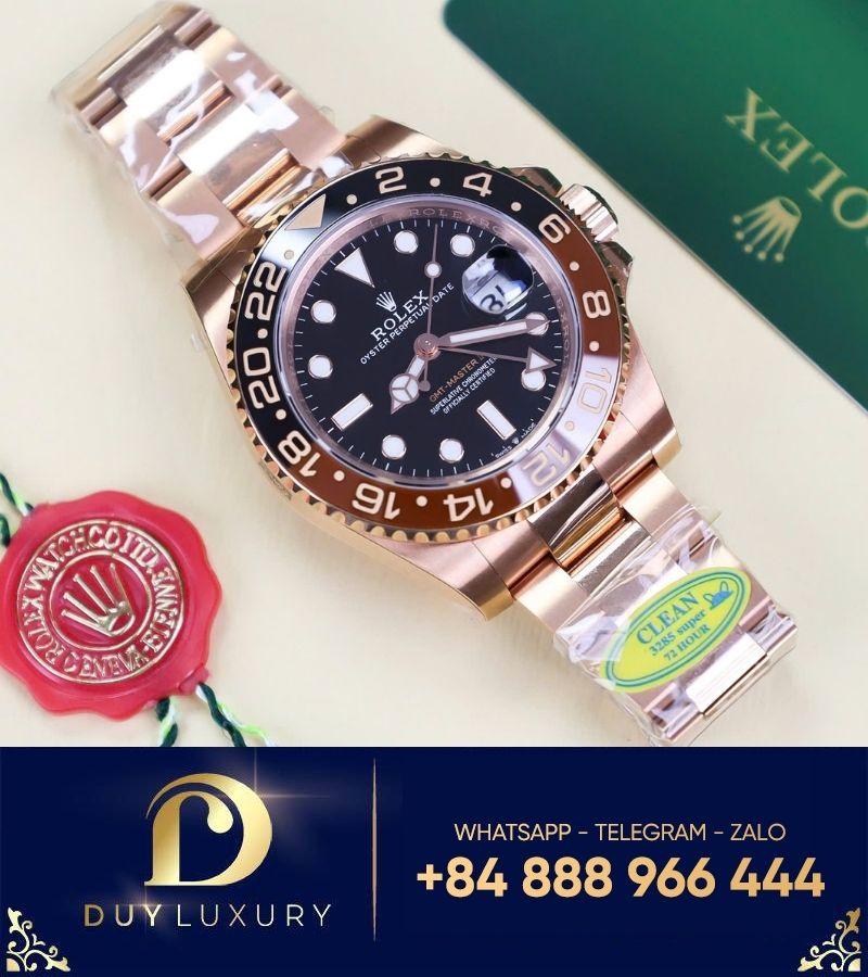 Đồng hồ Rolex GMT Rootbeer Clean Factory vàng hồng replica