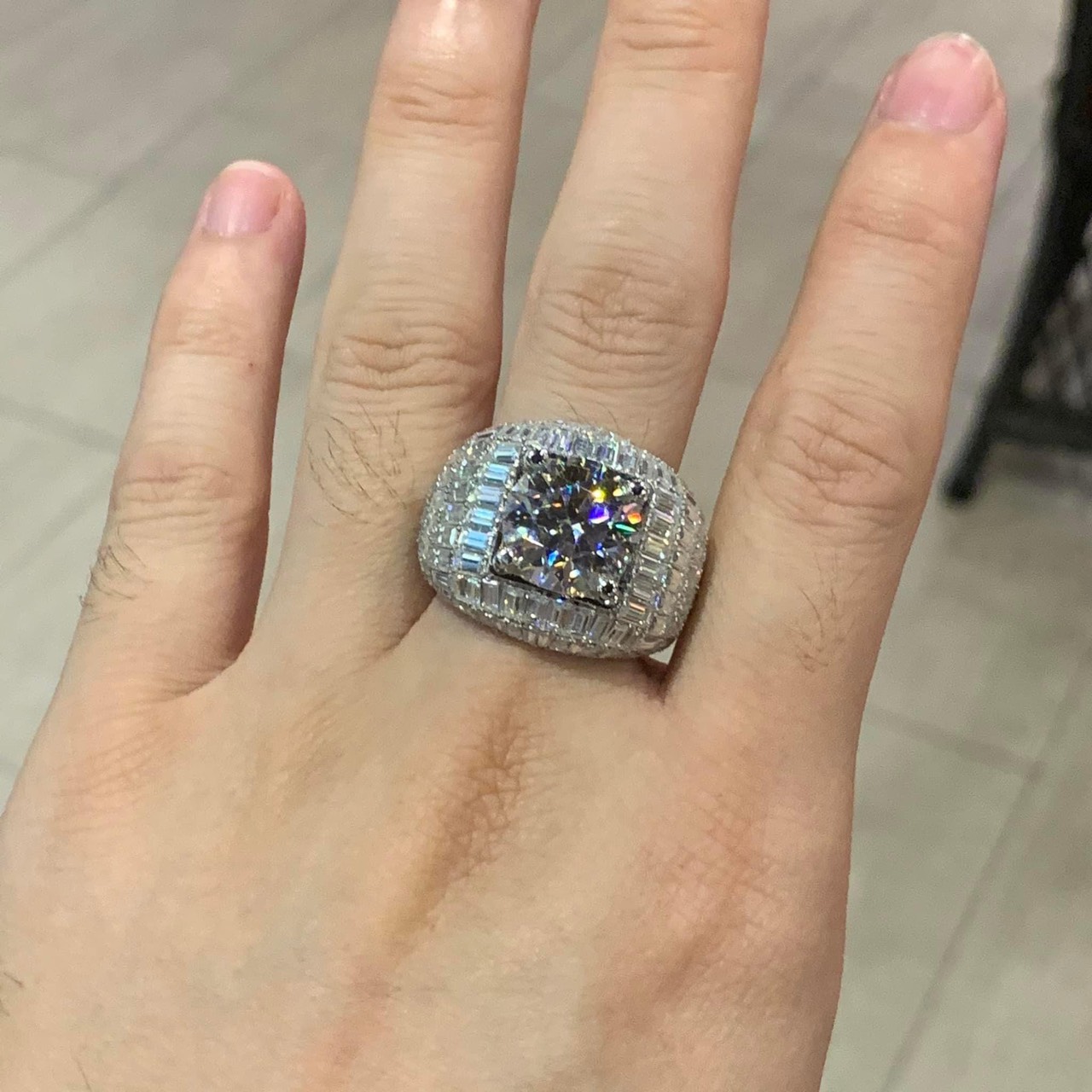 Nhẫn Nam Chế Tác Vàng Trắng 10k full Kim Cương Baguette  Moissanite 