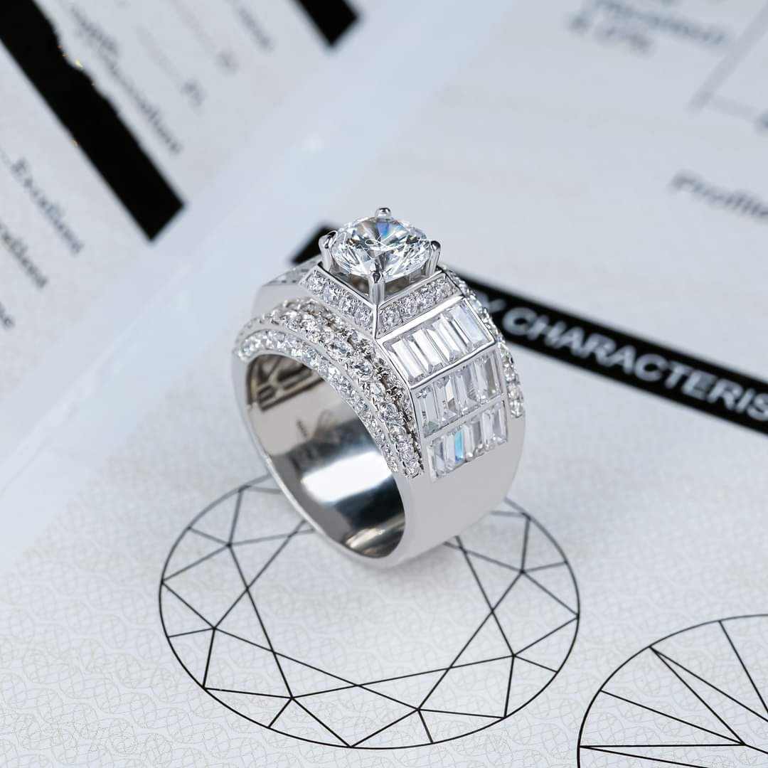 Nhẫn Nam Vàng Trắng 10k 14k 18k Kim Cương Moissanite