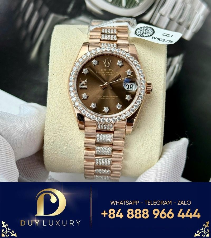 Rolex datejust bọc vàng full Moissanite mặt chocolate vỏ vàng hồng Fake