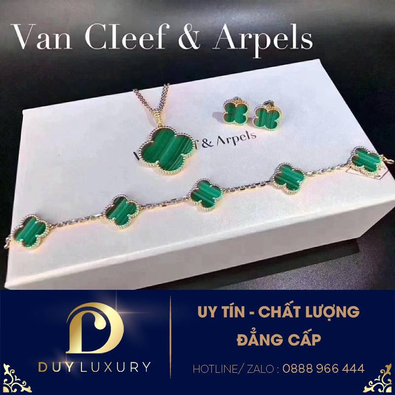 Set Lắc tay, Nhẫn, Bông tai Van Cleef & Arpels xanh lá cây vàng 18k